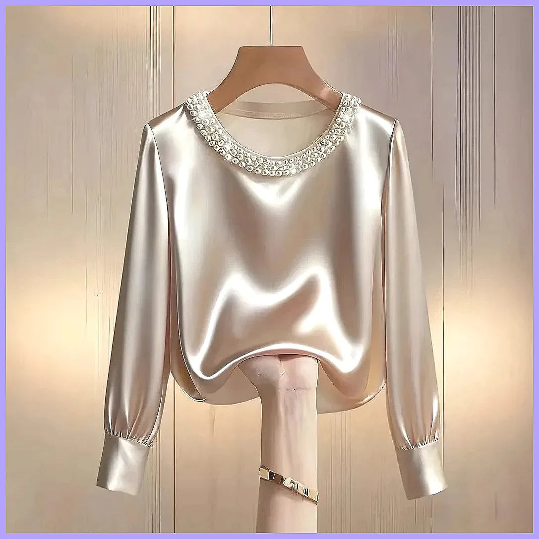 Elegant Beaded Satin Blouse for Women, Loose Fit Long Sleeve Silk Shirt Tops by All Mart Bristol Ltd