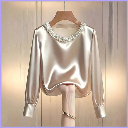 Elegant Beaded Satin Blouse for Women, Loose Fit Long Sleeve Silk Shirt Tops by All Mart Bristol Ltd