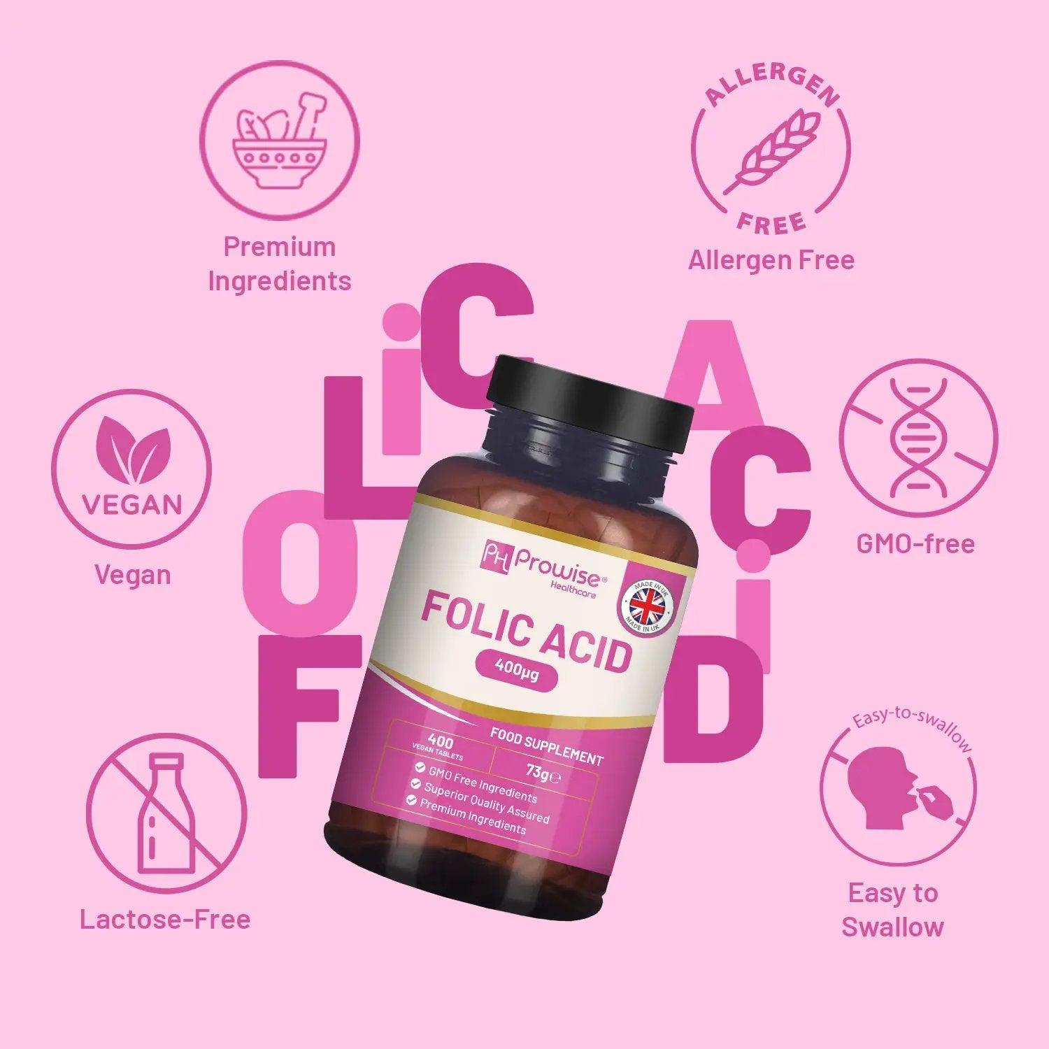 Folic Acid Tablets 400 mcg - 400 Vegan Vitamin B9 Tablets by Prowise Healthcare
