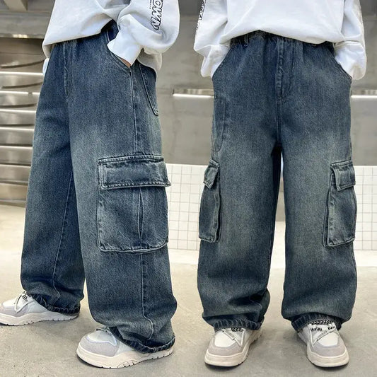 New Autumn Children Cargo Jeans with Side Pocket for Tween fried street Boys Loose Straight Denim Pants Kids Retro Blue Trousers by All Mart Bristol Ltd
