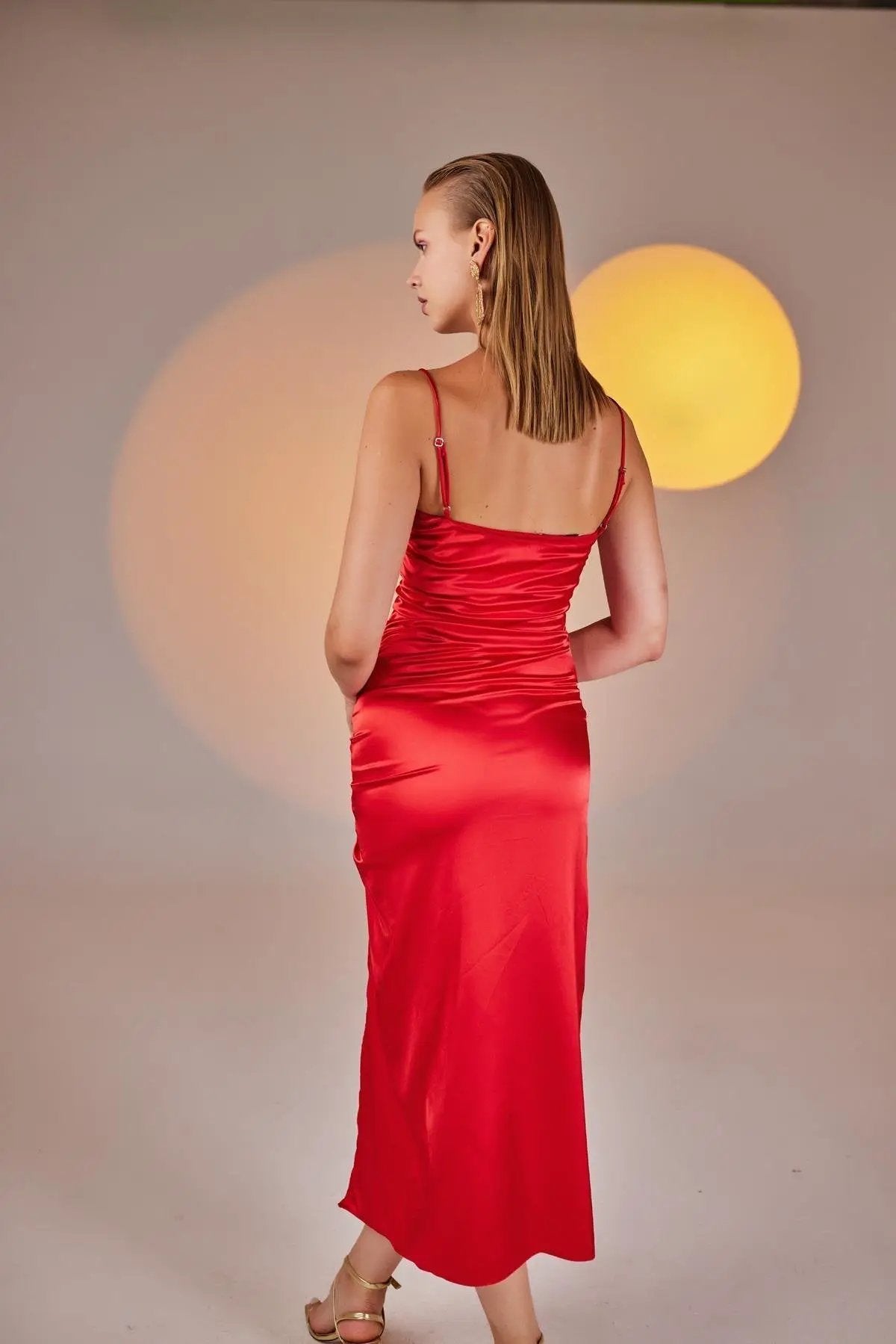 Dipsy Red Satin Strappy Slit Midi Dress by Holly Lolly