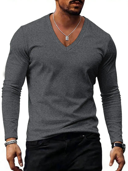 Men V Neck Solid Color Long Sleeve T Shirt Casual Slim Fit Basic Tops for Spring Autumn Daily Wear by All Mart Bristol Ltd
