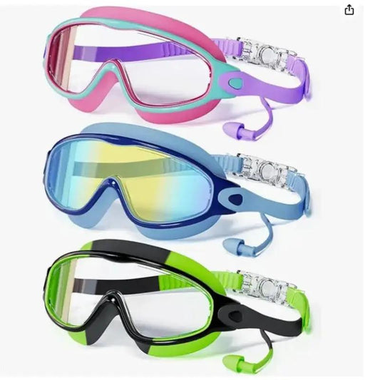MERSUN 3 Pack Swimming Goggles, Kid Goggles with Earplugs Large Frame Anti-Fog/Uv Wide View Swim Goggles Boys Girls 4-12 by All Mart Bristol Ltd