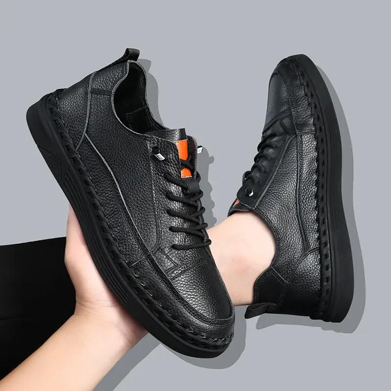 Men's Solid Color Versatile Genuine Leather Casual Sneakers by Dropshipman