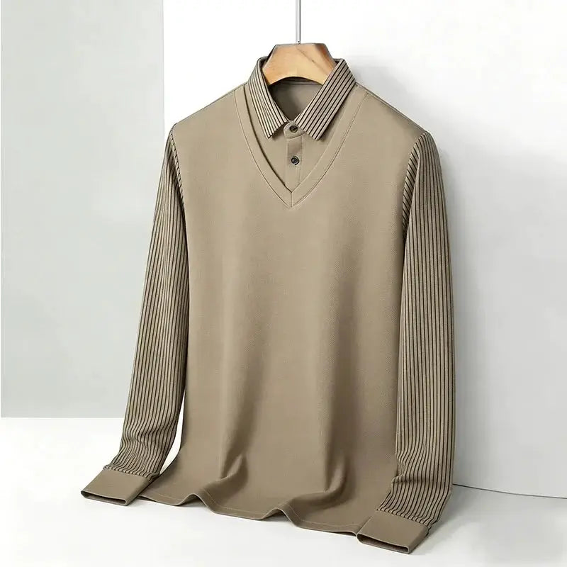 Men's Fake Two Piece Shirt Collar V Neck Long Sleeve Top Khaki Striped Casual Fashion Soft Fabric Daily Wear Blouse by All Mart Bristol Ltd