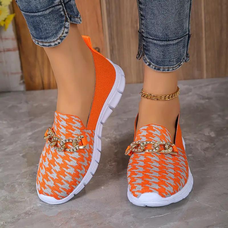 Casual Houndstooth Print Chain Mesh Shoes Summer Walking Sports Flat Shoes Women Breathable Loafers by Dropshipman