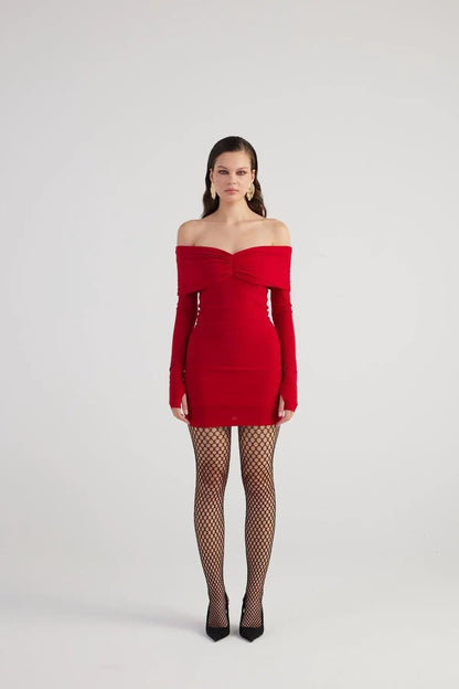 Dreamer Red Bardot Neck Mini Dress by Holly Lolly