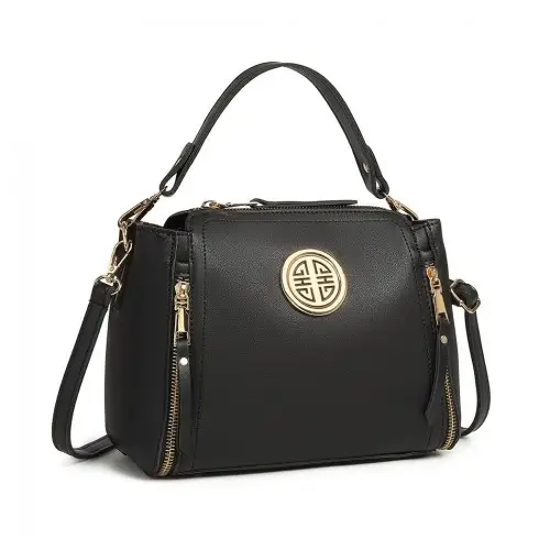 E1851 - Miss Lulu Leather Look Dual Zipped Handbag - Black by All Mart Bristol Ltd