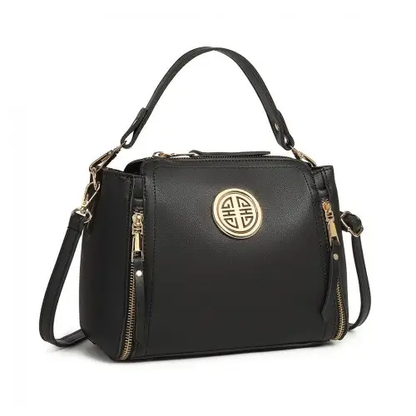E1851 - Miss Lulu Leather Look Dual Zipped Handbag - Black by All Mart Bristol Ltd