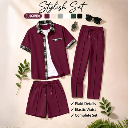 Men's 3 Piece Waffle Knit Tracksuit | Plaid Trim Button Up Shirt & Elastic Waist Shorts & Pants Set | Casual Stylish Outfit for by All Mart Bristol Ltd