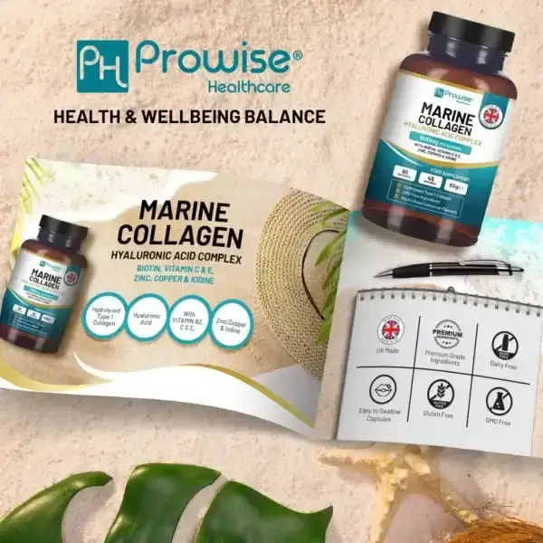Marine Collagen with Hyaluronic Acid 1100mg - 90 Capsules Boosted with Hyaluronic Acid, Vitamins C, E, B2, Biotin, Copper, Zinc and Iodine | for Women and Men by All Mart Bristol Ltd