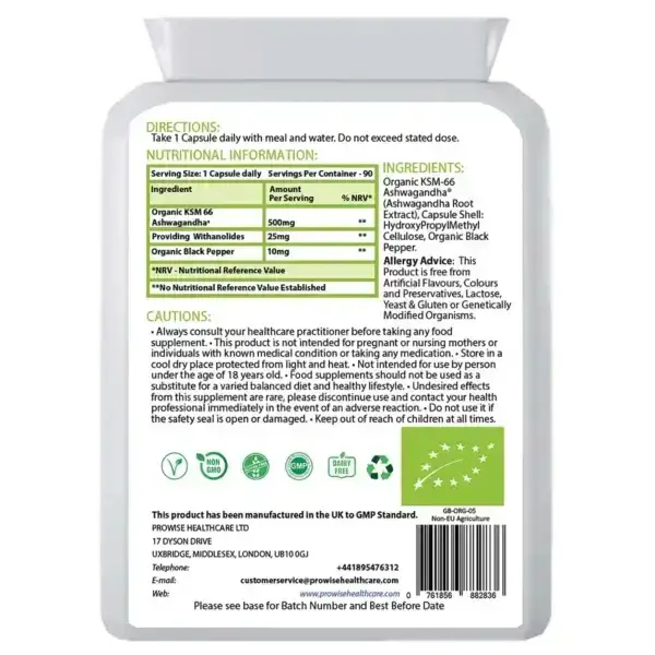 Organic Ashwagandha KSM-66® with 5% Withanolides 90 Vegan Capsules added with Black Pepper | High Strength Certified Organic by Soil Association by All Mart Bristol Ltd