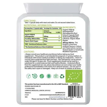 Organic Ashwagandha KSM-66® with 5% Withanolides 90 Vegan Capsules added with Black Pepper | High Strength Certified Organic by Soil Association by All Mart Bristol Ltd