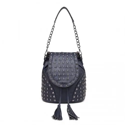 L1414 - Miss Lulu Skull Studded Backpack Shoulder Bag - Navy by All Mart Bristol Ltd