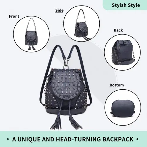 L1414 - Miss Lulu Skull Studded Backpack Shoulder Bag - Navy by All Mart Bristol Ltd