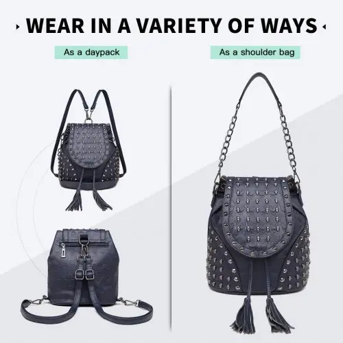 L1414 - Miss Lulu Skull Studded Backpack Shoulder Bag - Navy by All Mart Bristol Ltd