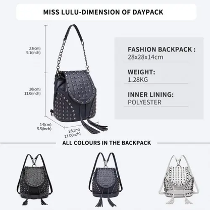 L1414 - Miss Lulu Skull Studded Backpack Shoulder Bag - Navy by All Mart Bristol Ltd