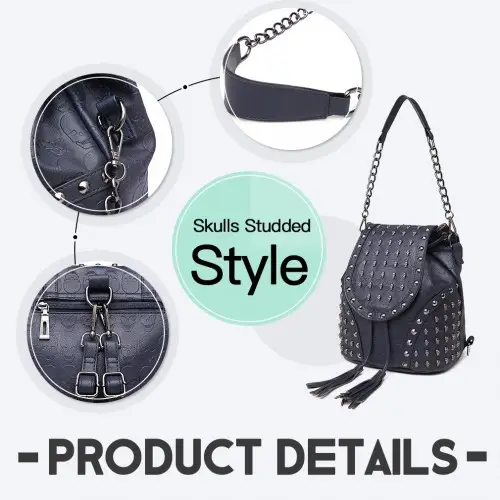 L1414 - Miss Lulu Skull Studded Backpack Shoulder Bag - Navy by All Mart Bristol Ltd