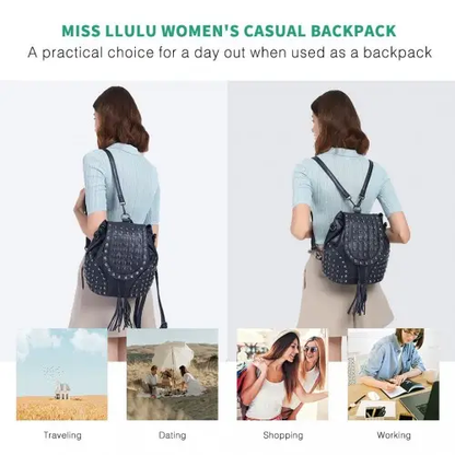 L1414 - Miss Lulu Skull Studded Backpack Shoulder Bag - Navy by All Mart Bristol Ltd