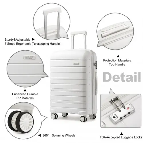 K2091L - Kono 24 Inch Multi Texture Hard Shell PP Suitcase - Classic Collection - White by All Mart Bristol Ltd