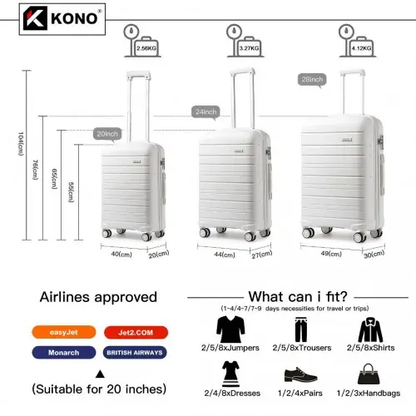 K2091L - Kono Multi Texture Hard Shell PP Suitcase 3 Pieces Set - Classic Collection - White by All Mart Bristol Ltd