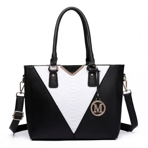 LG6632 - Miss Lulu Leather Look V-Shape Multicolour Tote Bag - Black by All Mart Bristol Ltd