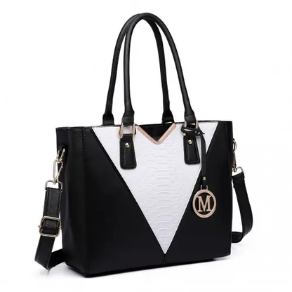 LG6632 - Miss Lulu Leather Look V-Shape Multicolour Tote Bag - Black by All Mart Bristol Ltd