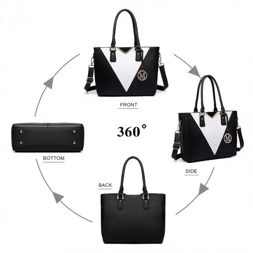 LG6632 - Miss Lulu Leather Look V-Shape Multicolour Tote Bag - Black by All Mart Bristol Ltd