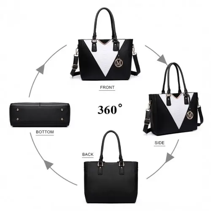 LG6632 - Miss Lulu Leather Look V-Shape Multicolour Tote Bag - Black by All Mart Bristol Ltd