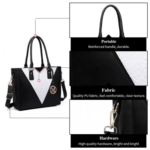 LG6632 - Miss Lulu Leather Look V-Shape Multicolour Tote Bag - Black by All Mart Bristol Ltd