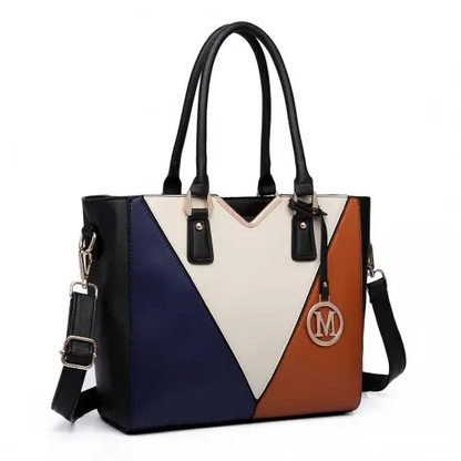 LG6632 - Miss Lulu Leather Look V-Shape Multicolour Tote Bag - Brown by All Mart Bristol Ltd