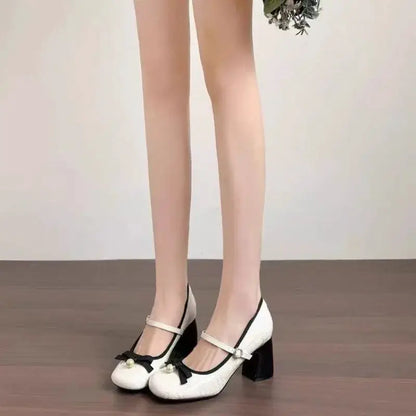 2026 French Block-heeled Mary Janes Feminine High-heeled Shallow Bow Single by All Mart Bristol Ltd