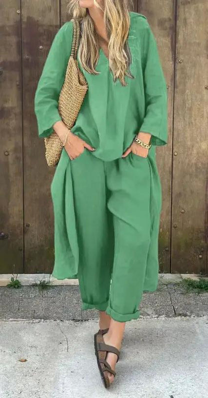 2pcs Long-sleeved Suits Loose V-neck Long Top And High Waist Wide Leg Pants With Pockets Women's Clothing by Dropshipman