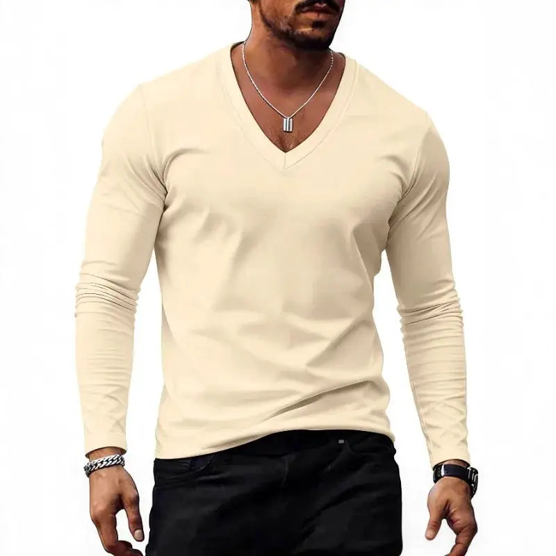 Men V Neck Solid Color Long Sleeve T Shirt Casual Slim Fit Basic Tops for Spring Autumn Daily Wear by All Mart Bristol Ltd
