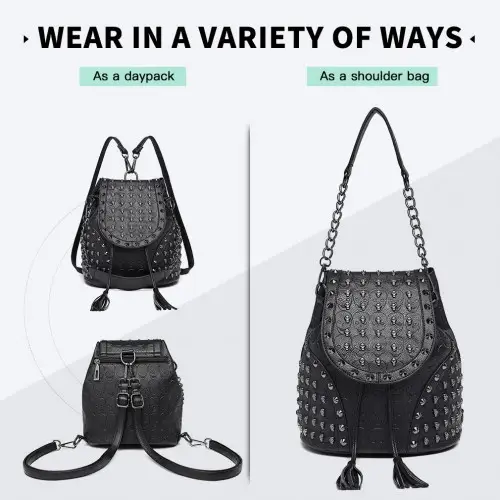 L1414 - Miss Lulu Skull Studded Backpack Shoulder Bag - Black by All Mart Bristol Ltd