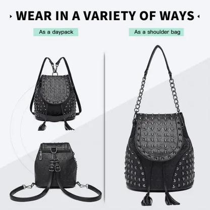 L1414 - Miss Lulu Skull Studded Backpack Shoulder Bag - Black by All Mart Bristol Ltd