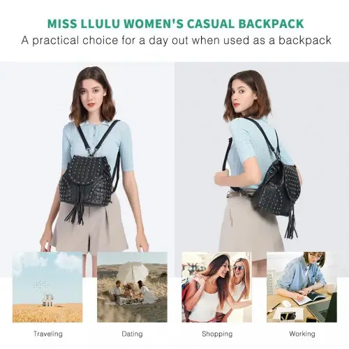 L1414 - Miss Lulu Skull Studded Backpack Shoulder Bag - Black by All Mart Bristol Ltd