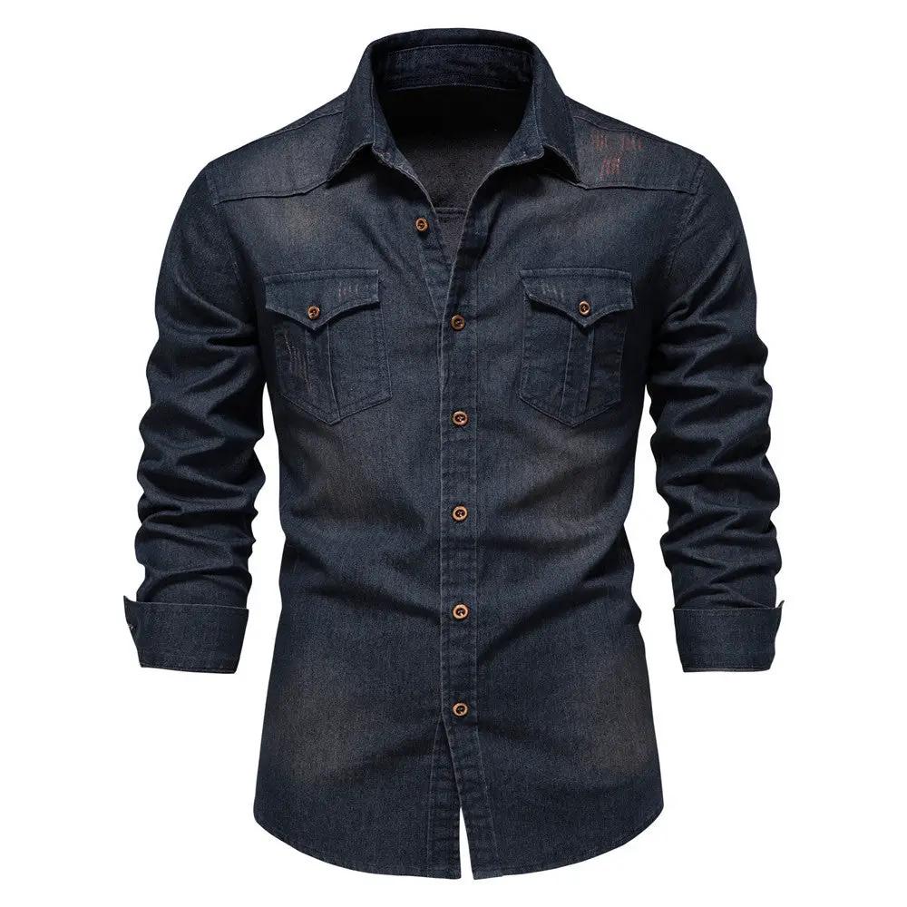 Men's Long-sleeved Denim Shirt Casual Solid Button Slim Tops Clothing by Dropshipman