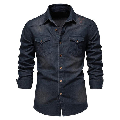 Men's Long-sleeved Denim Shirt Casual Solid Button Slim Tops Clothing by Dropshipman