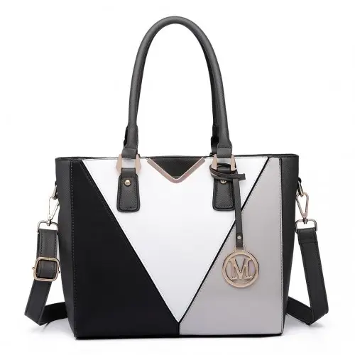 LG6632 - Miss Lulu Leather Look V-Shape Multicolour Tote Bag - Grey by All Mart Bristol Ltd