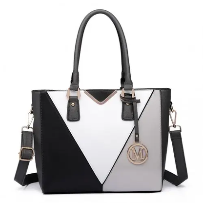 LG6632 - Miss Lulu Leather Look V-Shape Multicolour Tote Bag - Grey by All Mart Bristol Ltd