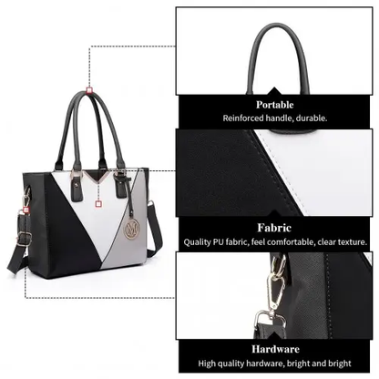 LG6632 - Miss Lulu Leather Look V-Shape Multicolour Tote Bag - Grey by All Mart Bristol Ltd