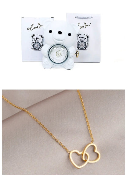 Rotating Bear Gift Box Eternal Rose Teddy Bear Jewelry Box With Necklace Valentine Wedding Special Present For Girlfriend Anniversary Gift Jewelry Box by Dropshipman