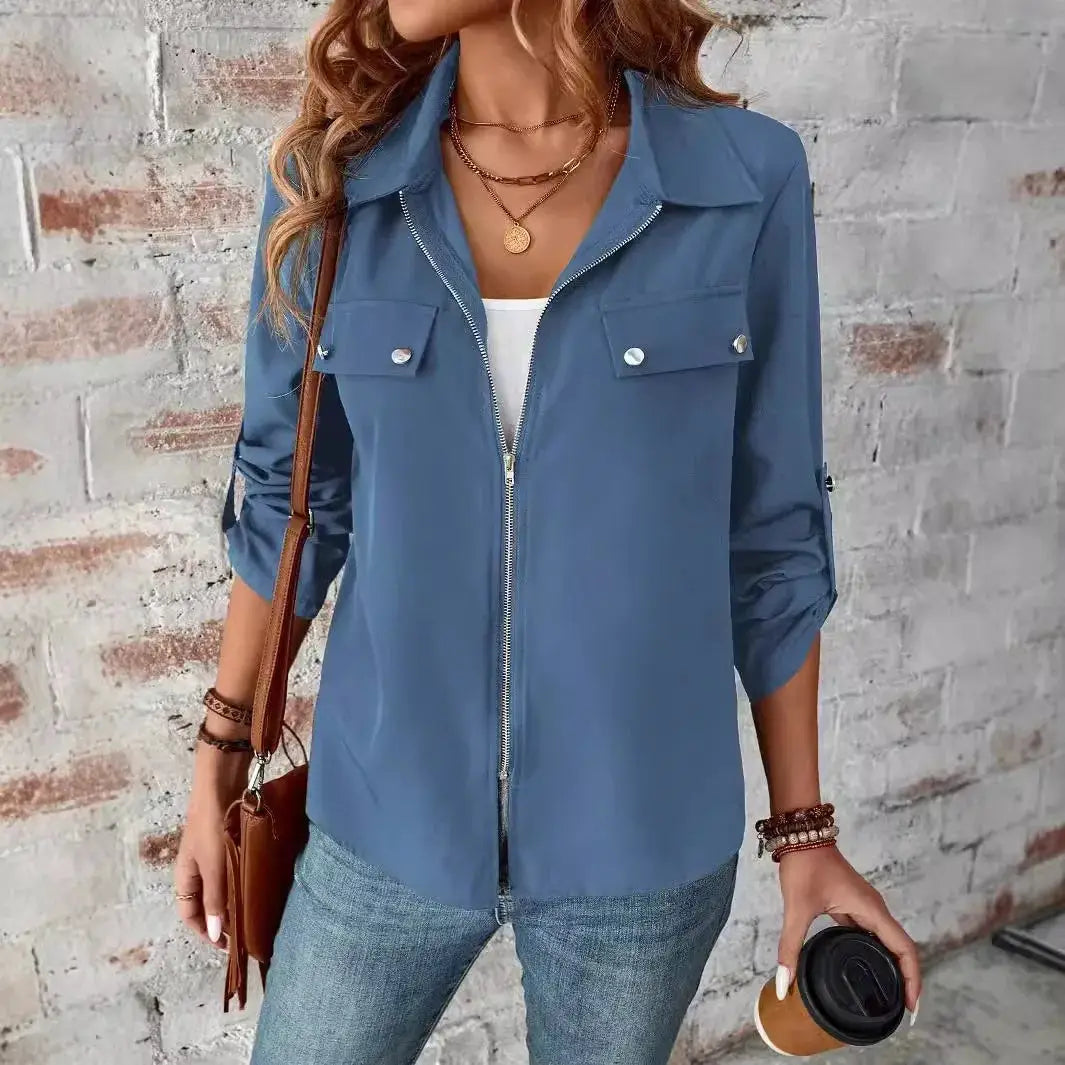 New Style European-Style Collar Zipper Cardigan with A Hood and A Plain-Colored Long-Sleeved Coat for Women by All Mart Bristol Ltd