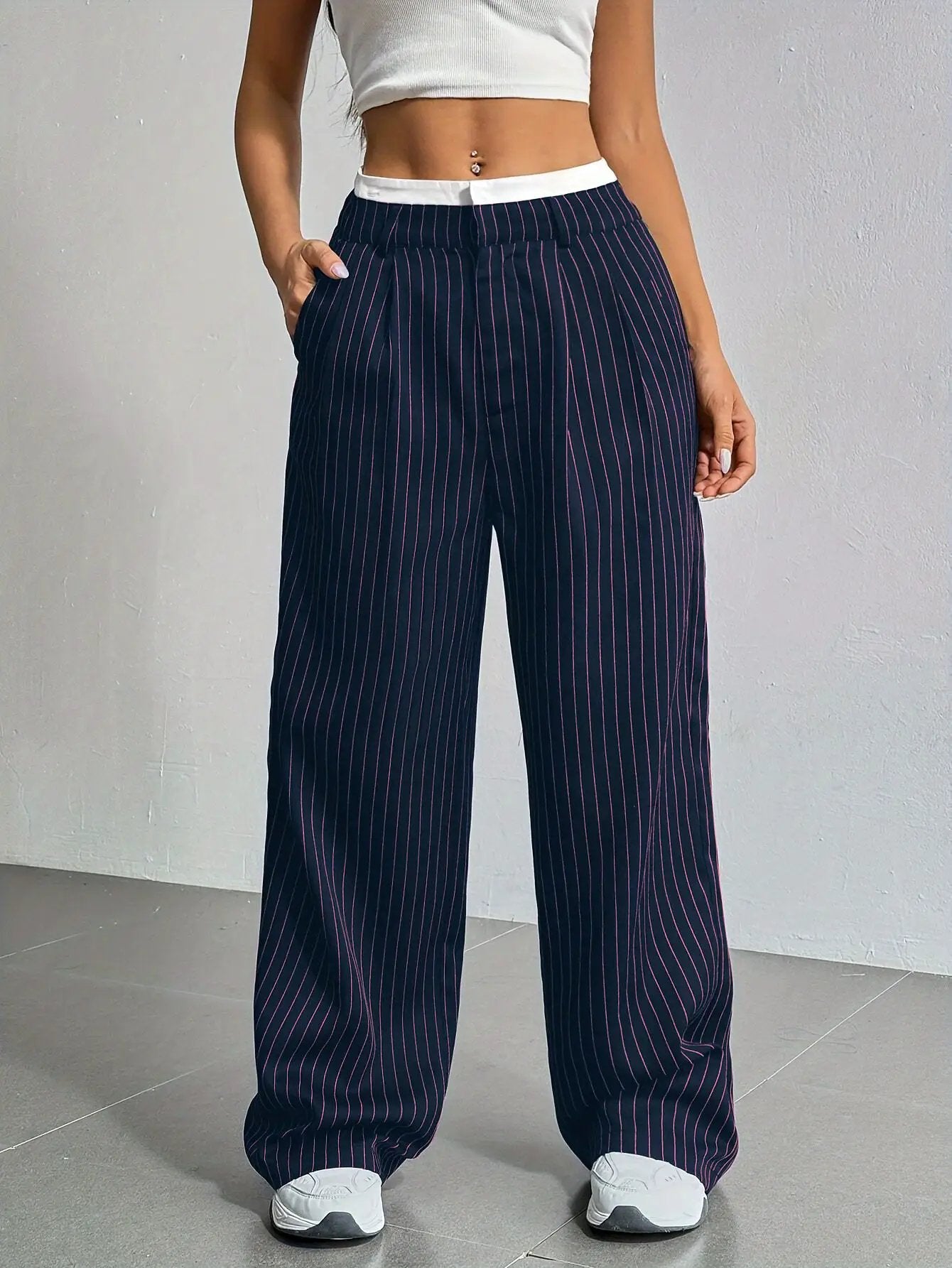 Stripe Printed Trousers Fashion High Waist Straight Leg Pants With Pocket Zipper Casual Suit Pants For Women by Dropshipman