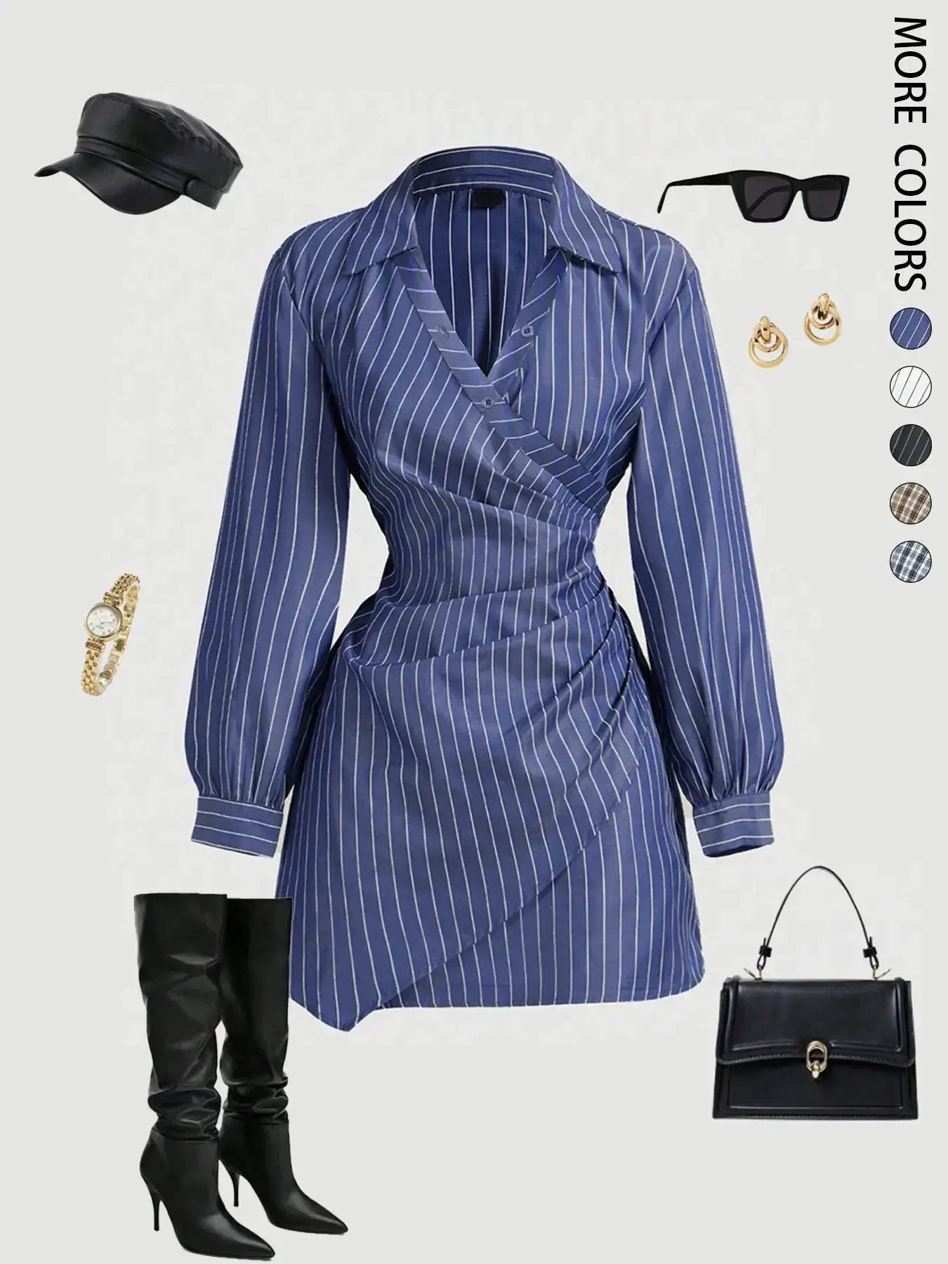 Women'S Plaid Print V-Neck Lantern Sleeve Ruched Fitted Mini Dress, Suitable for Work and School, Formal, Casual Long Sleeves Fitted Waist Stripe Print Shirt Dress by All Mart Bristol Ltd