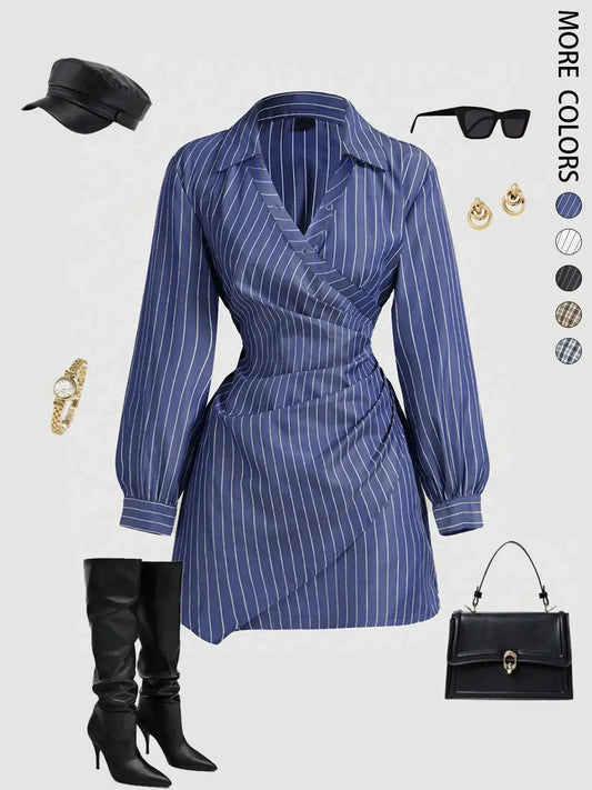 Women'S Plaid Print V-Neck Lantern Sleeve Ruched Fitted Mini Dress, Suitable for Work and School, Formal, Casual Long Sleeves Fitted Waist Stripe Print Shirt Dress by All Mart Bristol Ltd