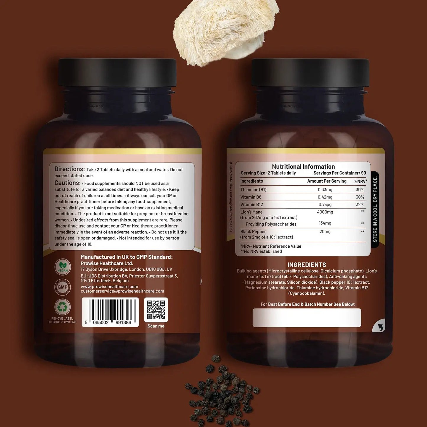 Lions Mane Mushroom Supplement 4000mg with Vitamin B1, B6, B12 & Black Pepper by Prowise Healthcare