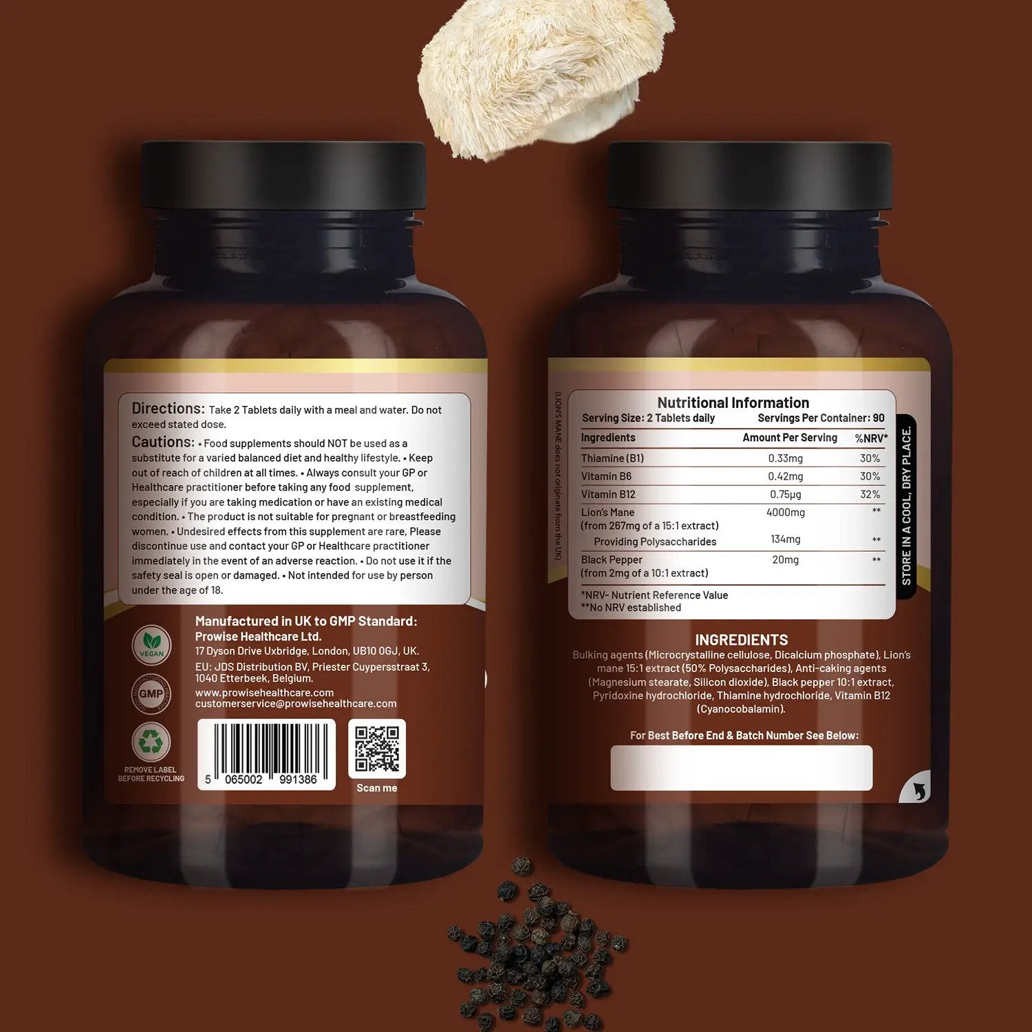 Lions Mane Mushroom Supplement 4000mg with Vitamin B1, B6, B12 & Black Pepper by Prowise Healthcare