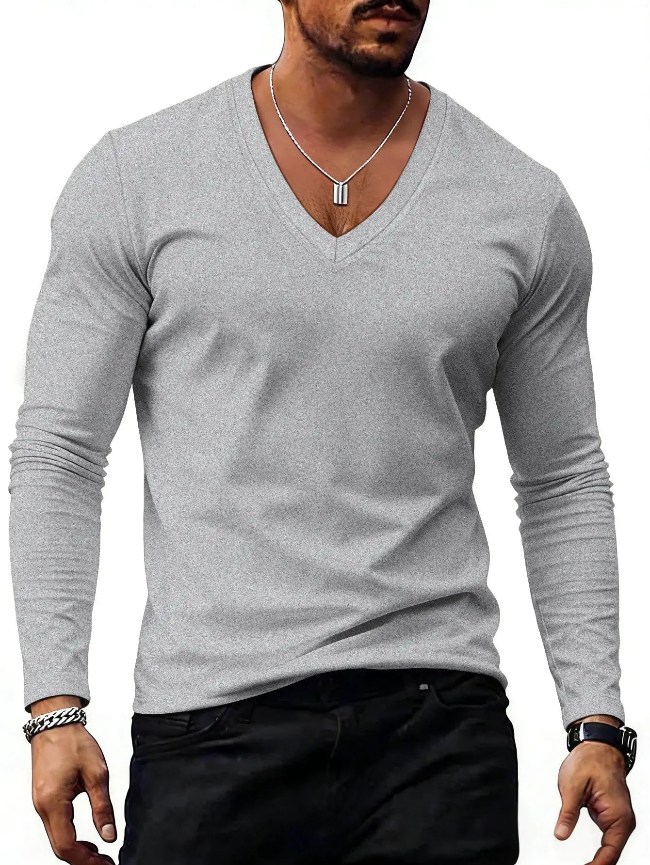 Men V Neck Solid Color Long Sleeve T Shirt Casual Slim Fit Basic Tops for Spring Autumn Daily Wear by All Mart Bristol Ltd